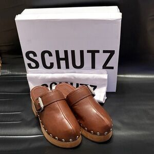 SCHUTZ Brown Leather Mules with Silver Accents